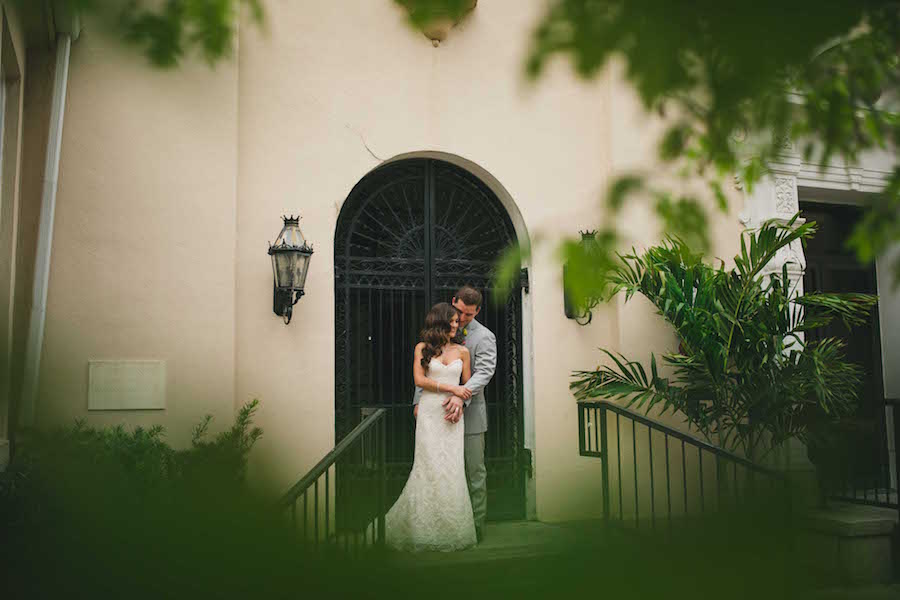 Outdoor Bride and Groom Wedding Portrait in Light Grey Suit with Ivory Trumpet Ines DiSanto Wedding Dress | Tampa Wedding Photographer Roohi Photography