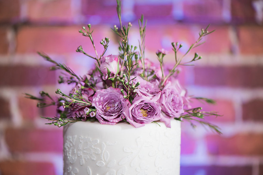 Three Tiered, Round, White and Lace Wedding Cake with Purple Flower Accents and Twig Wreath Detail | Tampa Wedding Cake Baker and Cake Artist Trudy Melissa Cakes