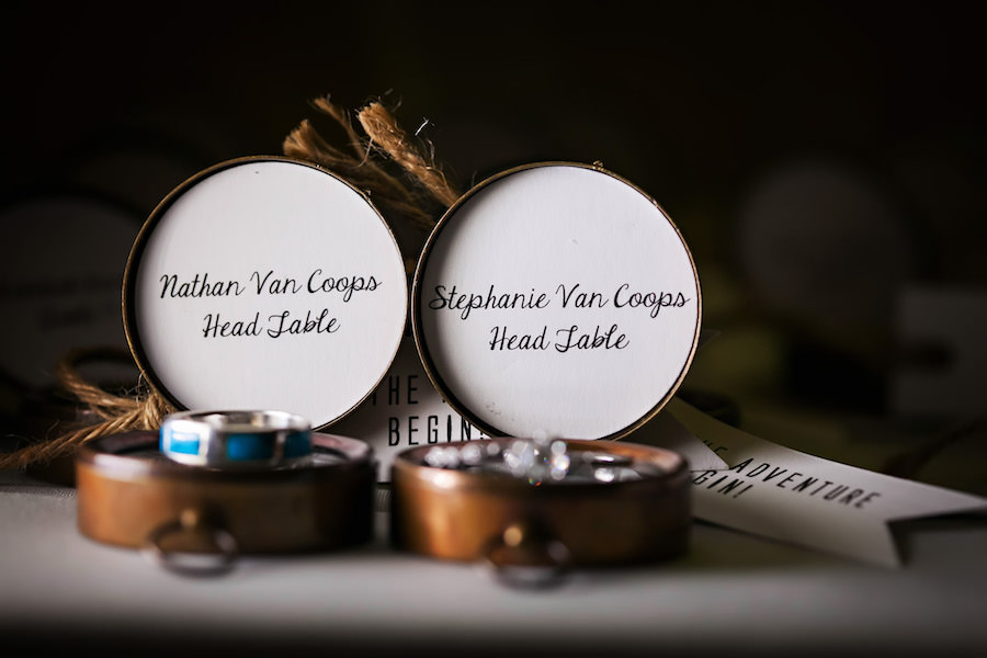 Bride and Groom Wedding and Engagement Ring Portrait in Travel Inspired Compass Wedding Place Cards