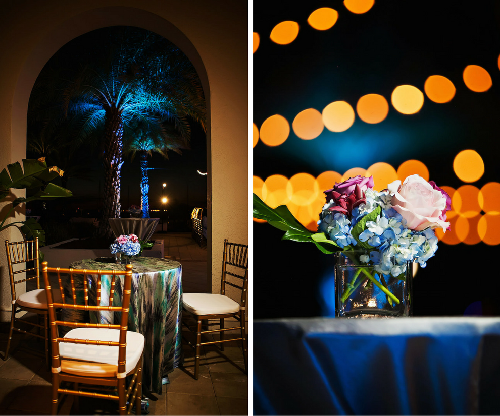 Blue Hydrangea Cocktail Table Centerpiece with Green, Teal and Purple Linens and Gold Chiavari Chairs | Tampa Bay Wedding Florist Apple Blossoms Floral Designs | Linens by Over the Top Linen Rentals | Chairs by A Chair Affair