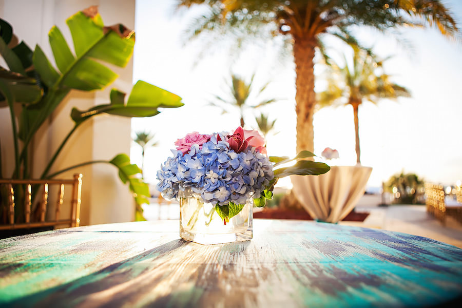 Blue Hydrangea Cocktail Table Centerpiece with Green, Teal and Purple Linens | Tampa Bay Wedding Florist Apple Blossoms Floral Designs | Linens by Over the Top Linen Rentals