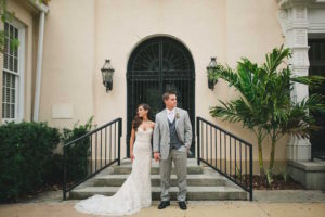 Outdoor Bride and Groom Wedding Portrait in Light Grey Suit with Ivory Trumpet Ines DiSanto Wedding Dress | Tampa Wedding Photographer Roohi Photography