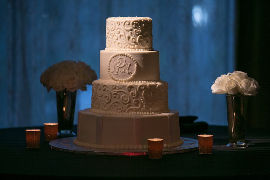 Four Tier Round White Wedding Cake with Monogram Fondant