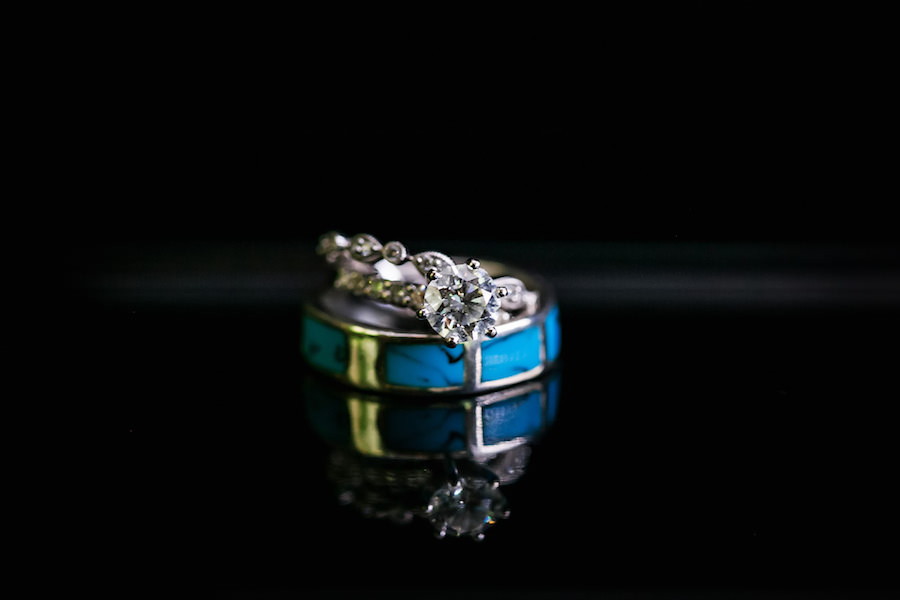 Bride and Groom Wedding and Engagement Ring Portrait | Turquoise Stone Inlay Wedding Band