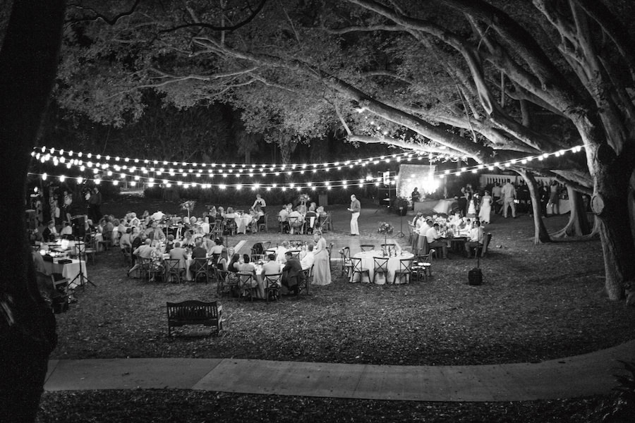 Outdoor Florida Garden Wedding Reception Décor Under Large Oak Tree with Twinkle Lights | Sarasota Wedding Venue Marie Selby Botanical Gardens Wedding Reception Venue
