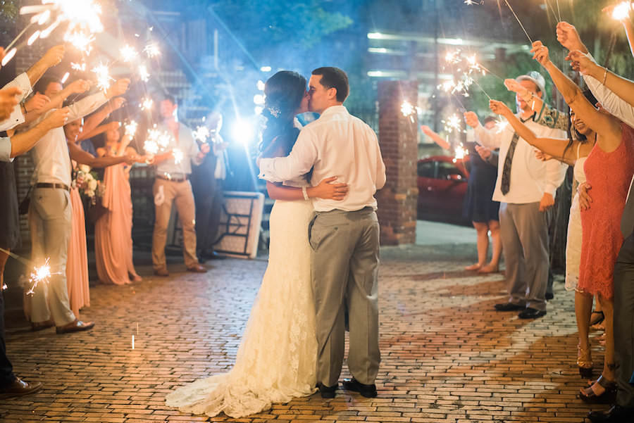 Outdoor, Nighttime Bride and Groom Sparkler Exit Sendoff