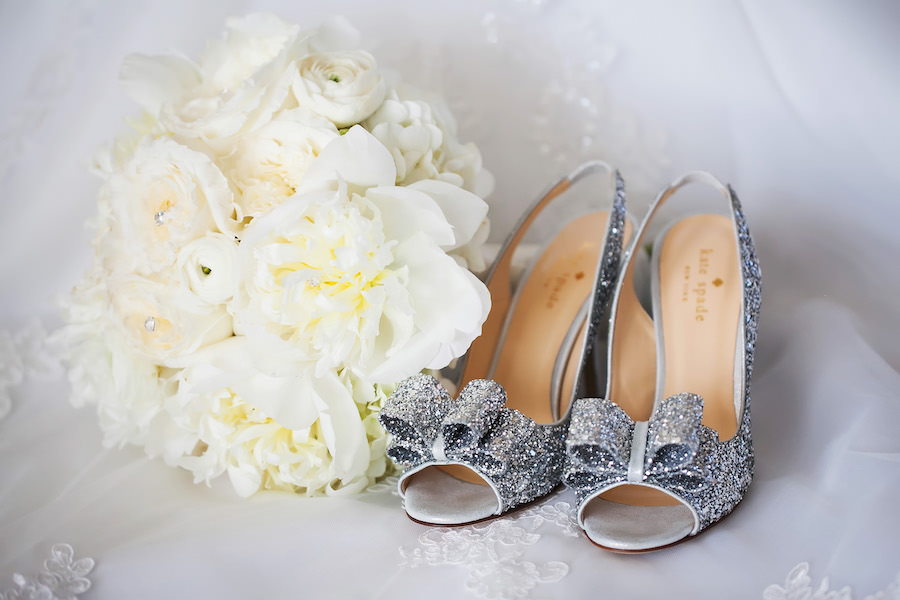 Silver Sparkly Bling Wedding Shoes with Bow Accent and White Floral Wedding Bouquet | Kate Spade ‘Charm’ Slingback Pump | Clearwater Wedding Photographer Limelight Photography