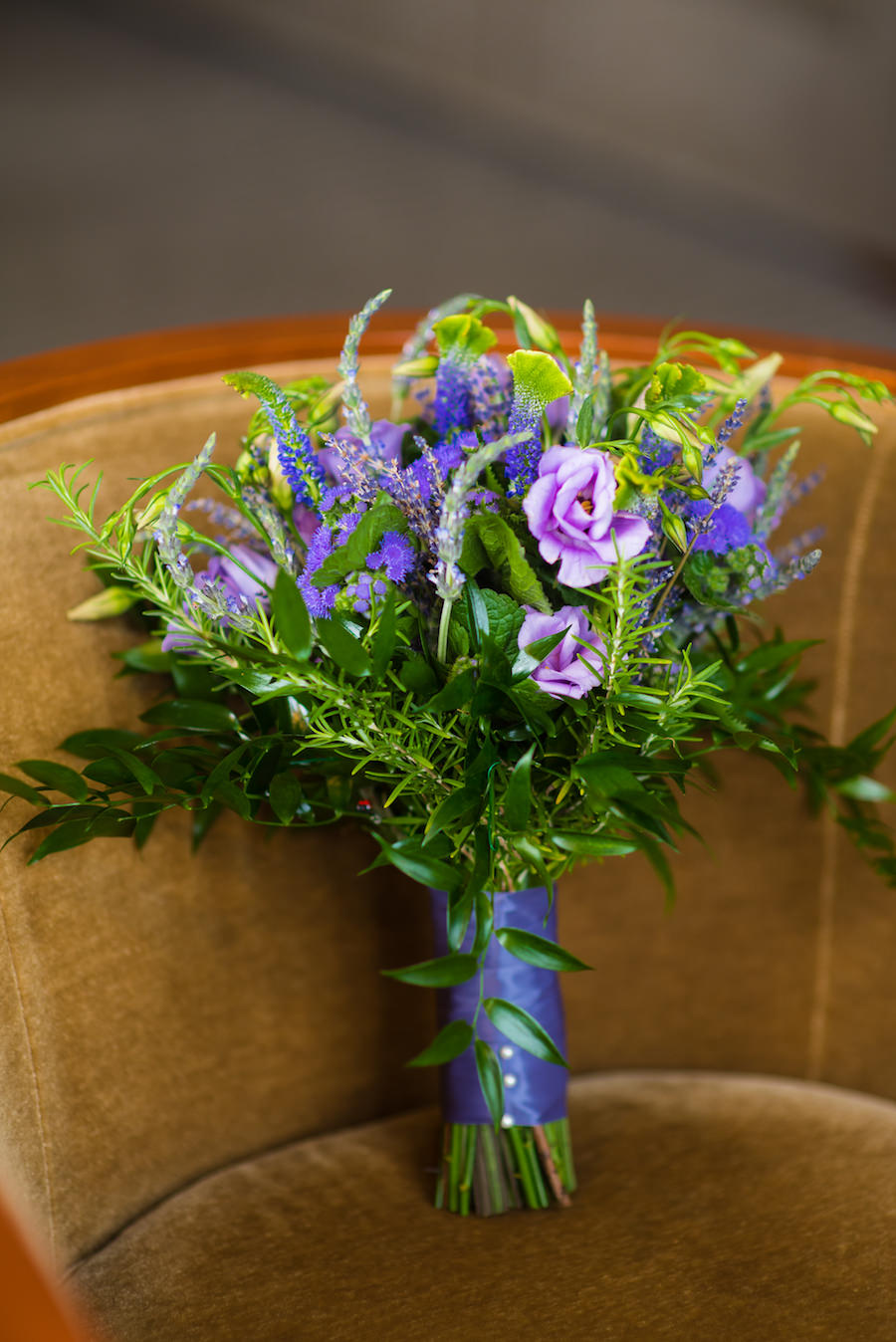 Garden Inspired Wedding Bouquet of Flowers with Purple Roses, Buddleia, Veronica, Larkspur and Greenery | South Tampa Wedding Florist Apple Blossoms Floral Design | Photo by Wedding Photographer Kera Photography