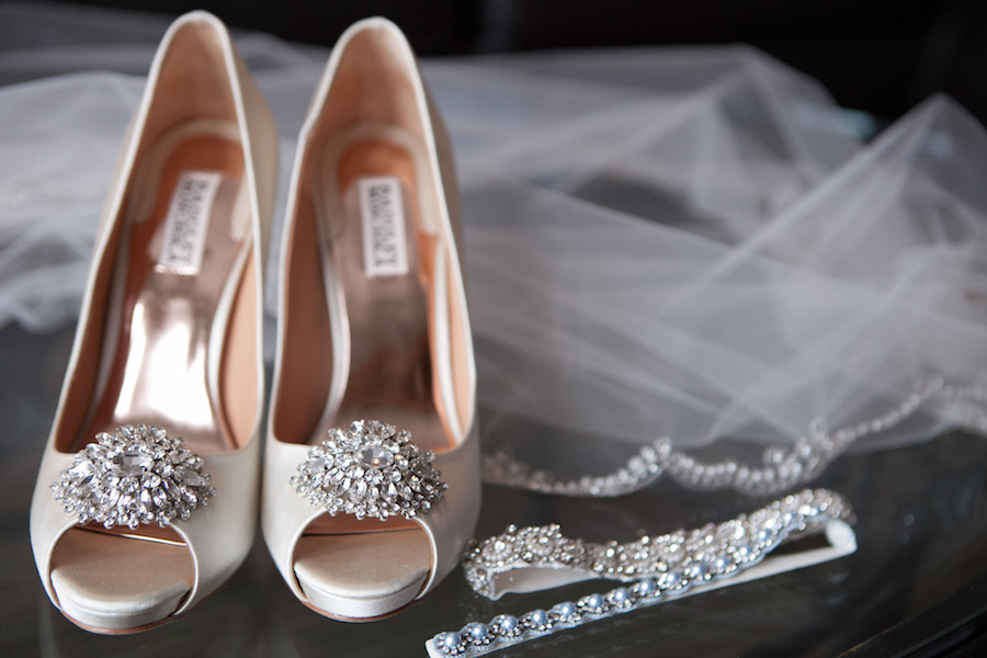 Badgley Mischka Open Toe White Wedding Shoes with Rhinestone Accents