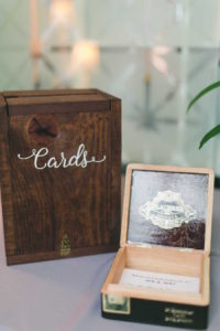 Custom Wooden Cigar Wedding Card Box with White Script Lettering | Tampa Wedding Photographer Roohi Photography | Wedding Planner Blush by Brandee Gaar