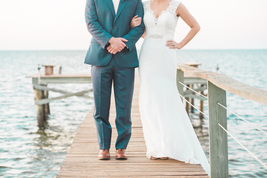 Outdoor, Waterfront Tampa Bay Bride and Groom Wedding Portrait on Boardwalk