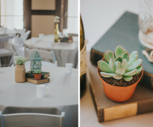 Nature/Garden Inspired Vintage Wedding Reception Table Decor with Potted Succulents and Vintage Book Centerpieces | Lakeland Wedding Photographer Rad Red Creative