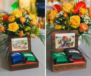 Orange, Yellow and Grey Wedding Centerpieces in Cigar Boxes with Personalized Koozie Wedding Favors | Florida Inspired Wedding | Tampa Wedding Photographer Roohi Photography