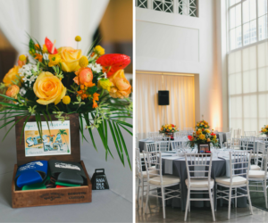 Orange and Yellow Wedding Centerpieces in Cigar Boxes | Yellow, Orange and Grey Wedding Décor Ideas | Tampa Wedding Photographer Roohi Photography | Downtown Tampa Wedding Venue The Vault