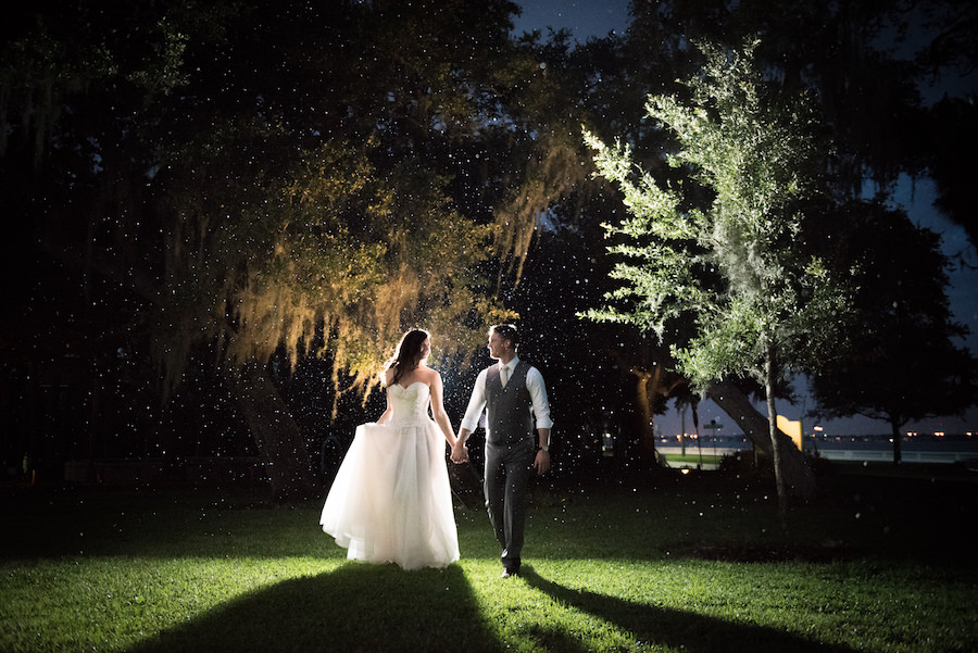 Bride and Groom Nighttime Wedding Portrait under Spanish Moss in Grey Vest with Ivory Chiffon and Soft Tulle Wedding Dress | South Tampa Wedding Photographer Kera Photography