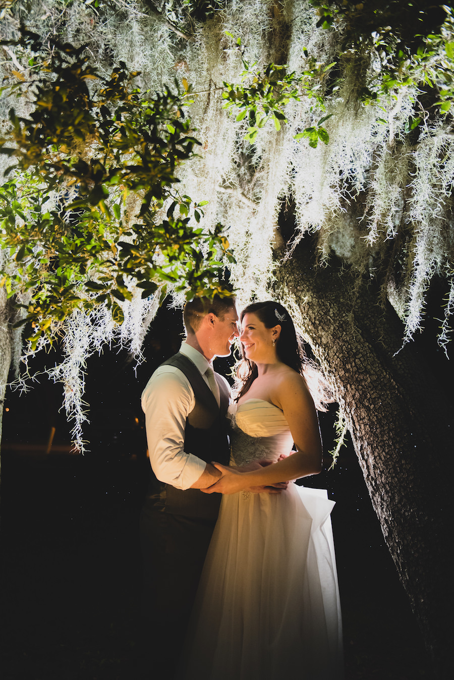 Bride and Groom Nighttime Wedding Portrait Under Spanish Moss | South Tampa Wedding Photographer Kera Photography