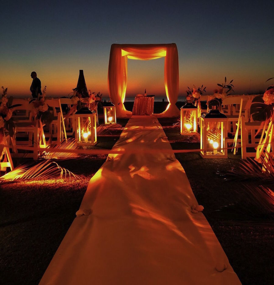 Outdoor Amber Lighting for Wedding Ceremony Aisle by Nature Coast Entertainment Services