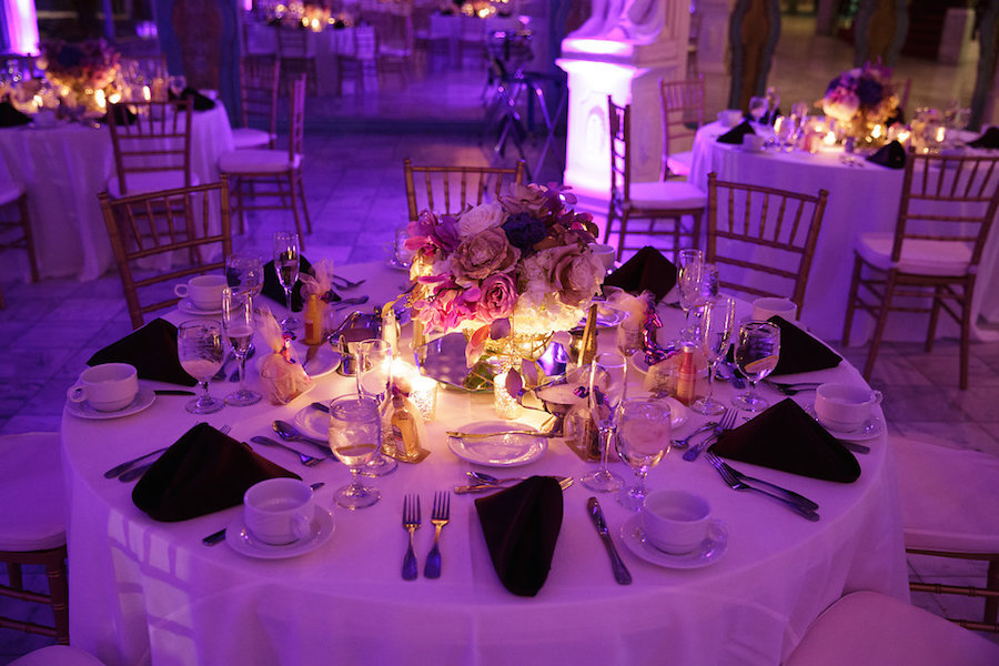Purple Uplights at Wedding Reception 