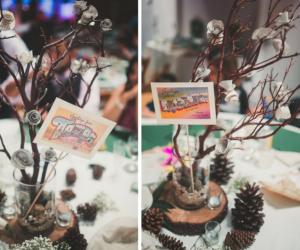 Eco-friendly Earth Wedding Reception Décor with Manzanita Branches, Pinecones and Wood Rounds with Paper Flowers in Glass Vase and Vintage Tampa Postcard Centerpieces