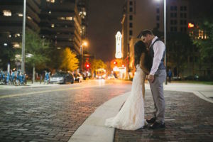 Downtown Tampa Bride and Groom Wedding Portrait in Gray Suit and Ivory Lace Ines DiSanto Wedding Dress from Isabel O'Neil Bridal Collection | Tampa Wedding Photographer Roohi Photography