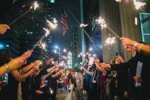 Bride and Groom Wedding Reception Sparkler Exit at Downtown Tampa Wedding Venue The Vault | Tampa Florida Wedding Photographer Roohi Photography