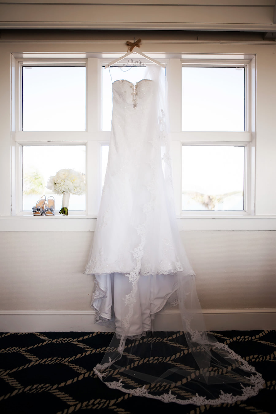 Strapless, Sweetheart White Lace Wedding Dress with Rhinestone Detail on Bodice and Cathedral Veil | Clearwater Wedding Photographer Limelight Photography