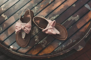 Glitter T-Strap Wedding Shoe Sandal with Blush Bow