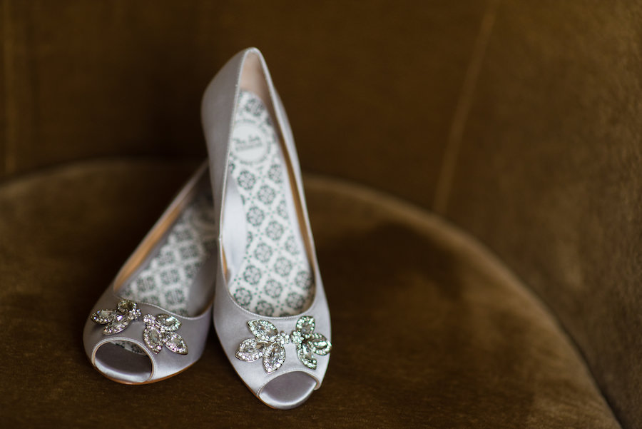 Bridal Pale Lilac Open Toed Wedding Shoes with Rhinestone Broach | South Tampa Wedding Photographer Kera Photography