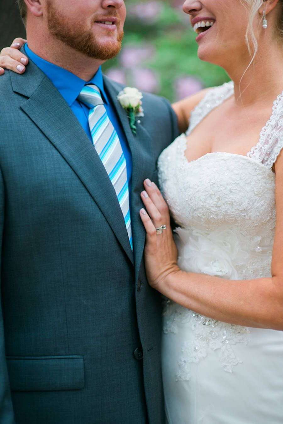 Outdoor, Bride and Groom Wedding Portrait in Grey Groom's Suit and Ivory, Beaded Lace Wedding Dress | Bradenton Wedding Photographer Kera Photography
