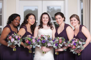 Bride and Bridesmaids, Outdoor Wedding Portrait in Purple Bridesmaids Dresses and Ivory, Lace Strapless Dress with Purple and Pink Floral Wedding Bouquets | | Tampa Wedding Photographer Carrie Wildes Photography