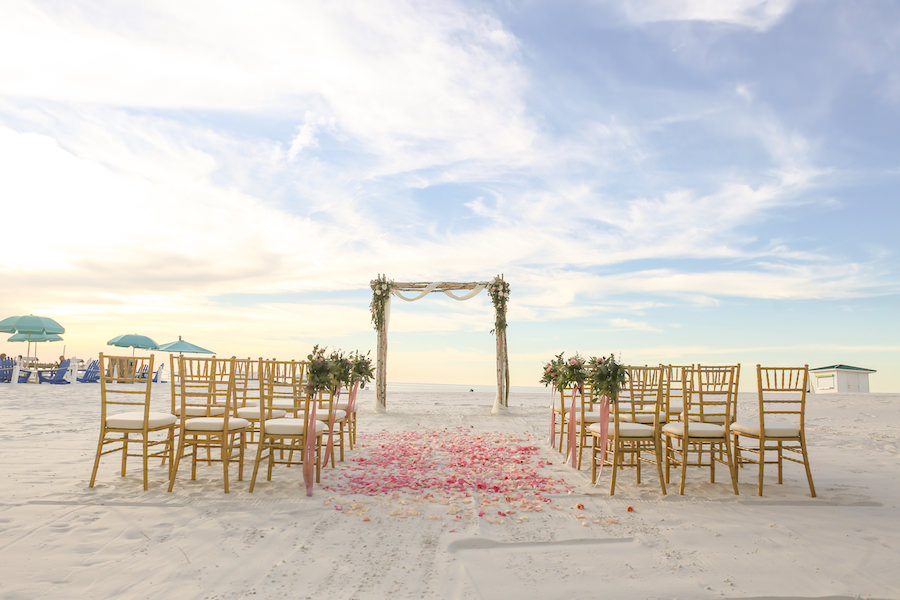 Blush and Gold Beachfront Wedding Ceremony at Wedding Venue Hilton Clearwater Beach | Flowers by Iza’s Flowers, Gold Chiavari Chairs by Signature Event Rentals