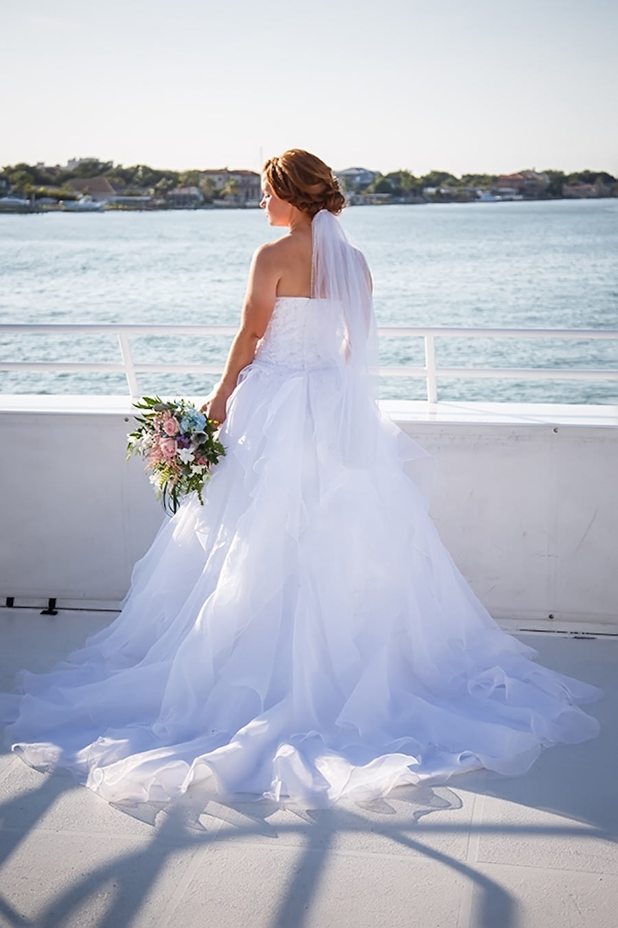 Bride in Alfred Angelo Wedding Dress | Pink and Blue Wedding Bouquet Apple Blossoms Floral Designs | Clearwater Waterfront Wedding Venue Yacht Sensation