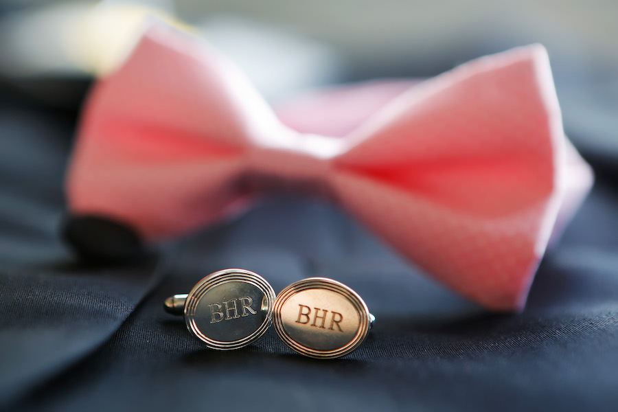 Groom Wedding Day Initial Cufflinks and Blush Pink Bowtie | Clearwater Wedding Photographer Limelight Photography