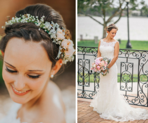 Outdoor, Bridal Wedding Portrait Hair and Makeup Detail in Ivory, Lace Wedding Dress and Pink, Coral, and Ivory Bridal Wedding Bouquet | Lakeland Wedding Photographer Rad Red Creative