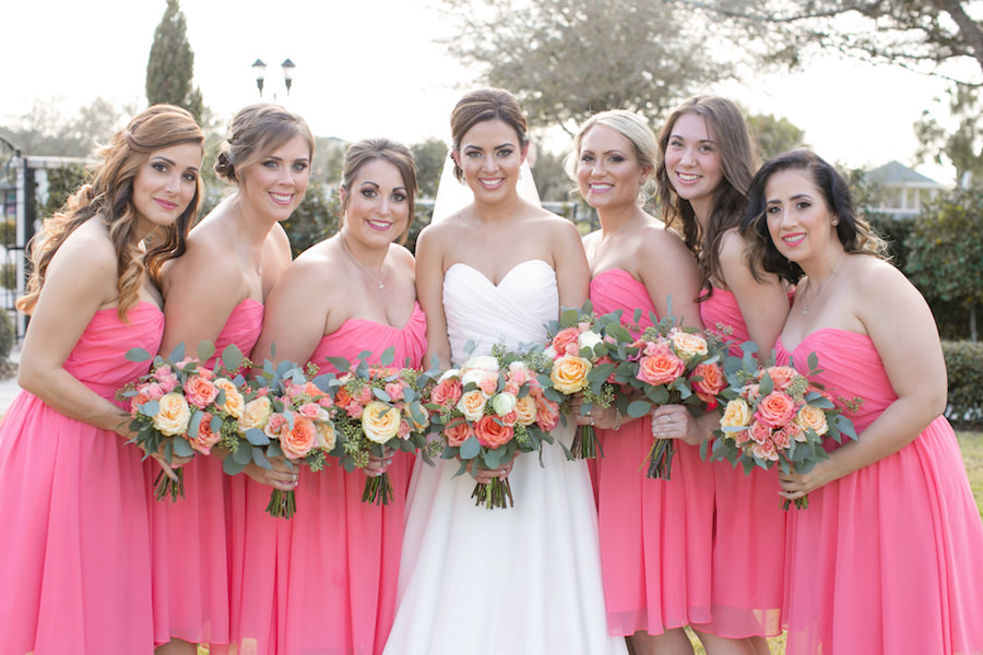 Outdoor, Bride and Bridesmaids Wedding Portrait in Coral Alfred Angelo Bridesmaids Dresses and Ivory, Strapless Wedding Dress with Coral Bouquets of Flowers