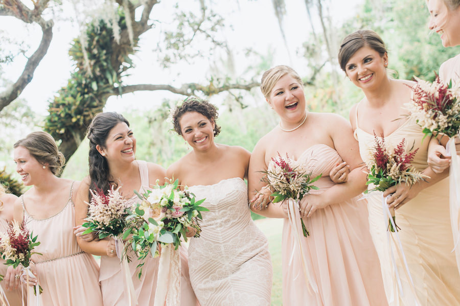 Bridal Party Wedding Portrait with Mismatched Blush Bridesmaids Dresses and Champagne, Strapless Lace Watters Wedding Dress with Simple, Rustic Wedding Bouquets | Sarasota Wedding Hair and Makeup Artist Michele Renee The Studio | Flowers by Andrea Layne Floral Design