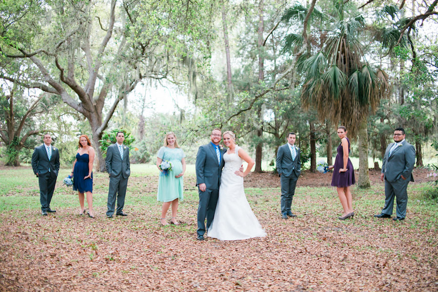 Outdoor, Bradenton Nature/Garden Bridal Party Portrait with Grey Groomsmen Suits and Assorted Colored Bridesmaids Dresses
