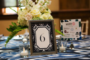 Nav Blue Table Numbers | White Wedding Floral Centerpiece with Hydrangeas, Pink Roses and Greenery and Navy Blue Linens | Over the Top Linen Rentals