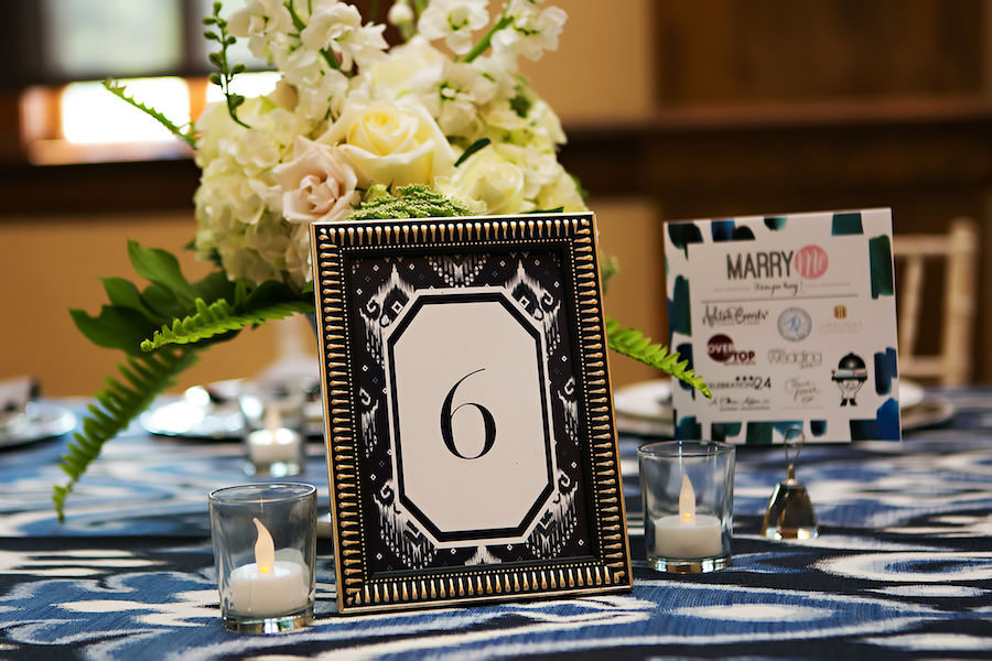 Nav Blue Table Numbers | White Wedding Floral Centerpiece with Hydrangeas, Pink Roses and Greenery and Navy Blue Linens | Over the Top Linen Rentals