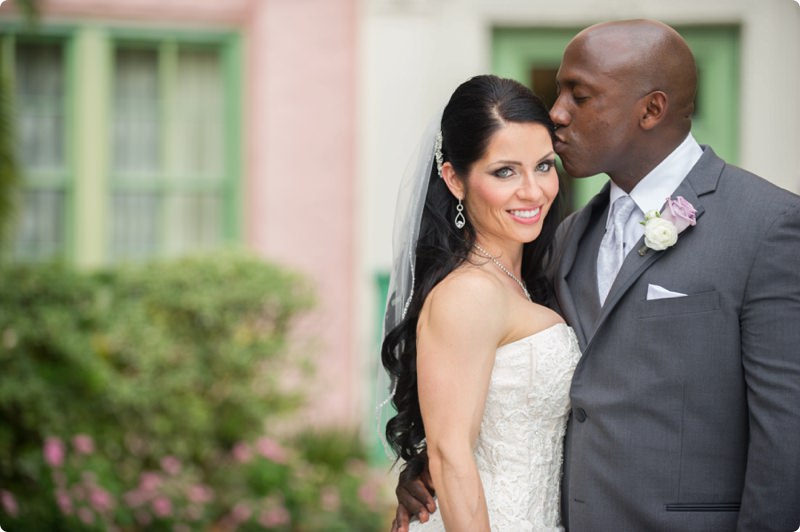 Bride and Groom Outdoor Wedding Portrait in Strapless, Beaded Wedding Dress and Grey Groom's Suit | St. Petersburg Wedding Photographer Andi Diamond Photography | St. Petersburg Wedding Venue The Vinoy Renaissance Hotel