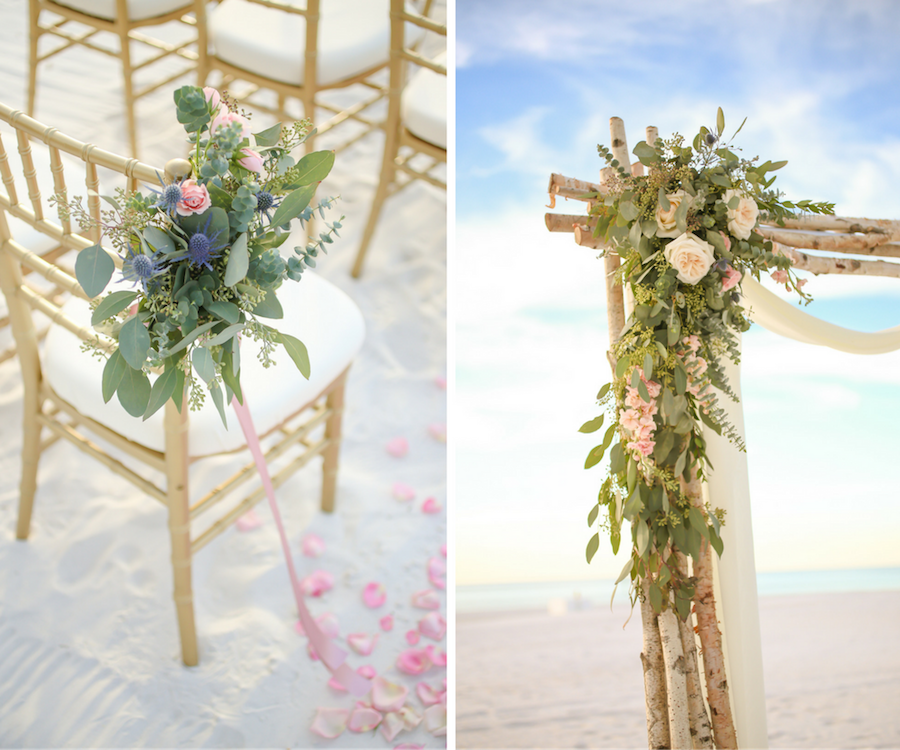 Blush Roses with Greenery Wedding Ceremony Chair Décor and Beach-themed Wedding Arch by Iza’s Flowers, Clearwater Beach | Gold Chiavari Chairs by Signature Event Rentals