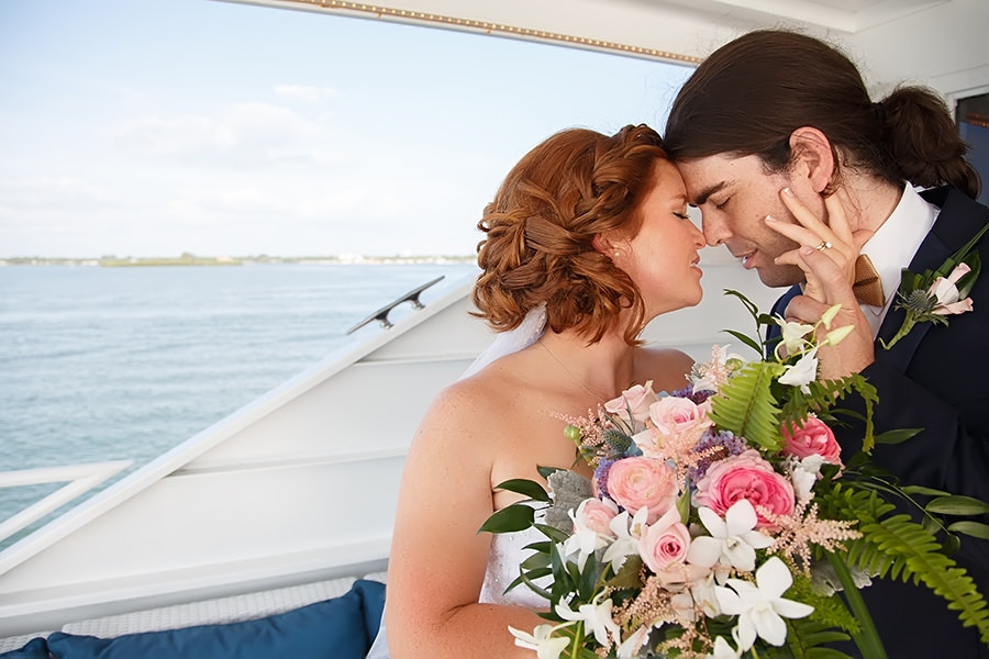 Bride and Groom Wedding Portrait | Pink and Blue Wedding Bouquet Apple Blossoms Floral Designs | Clearwater Waterfront Wedding Venue Yacht Sensation