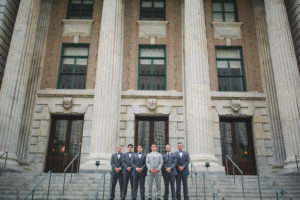 Tampa Groom with Groomsmen in Grey Suits Wedding Portrait | Downtown Tampa Wedding Photographer Roohi Photography
