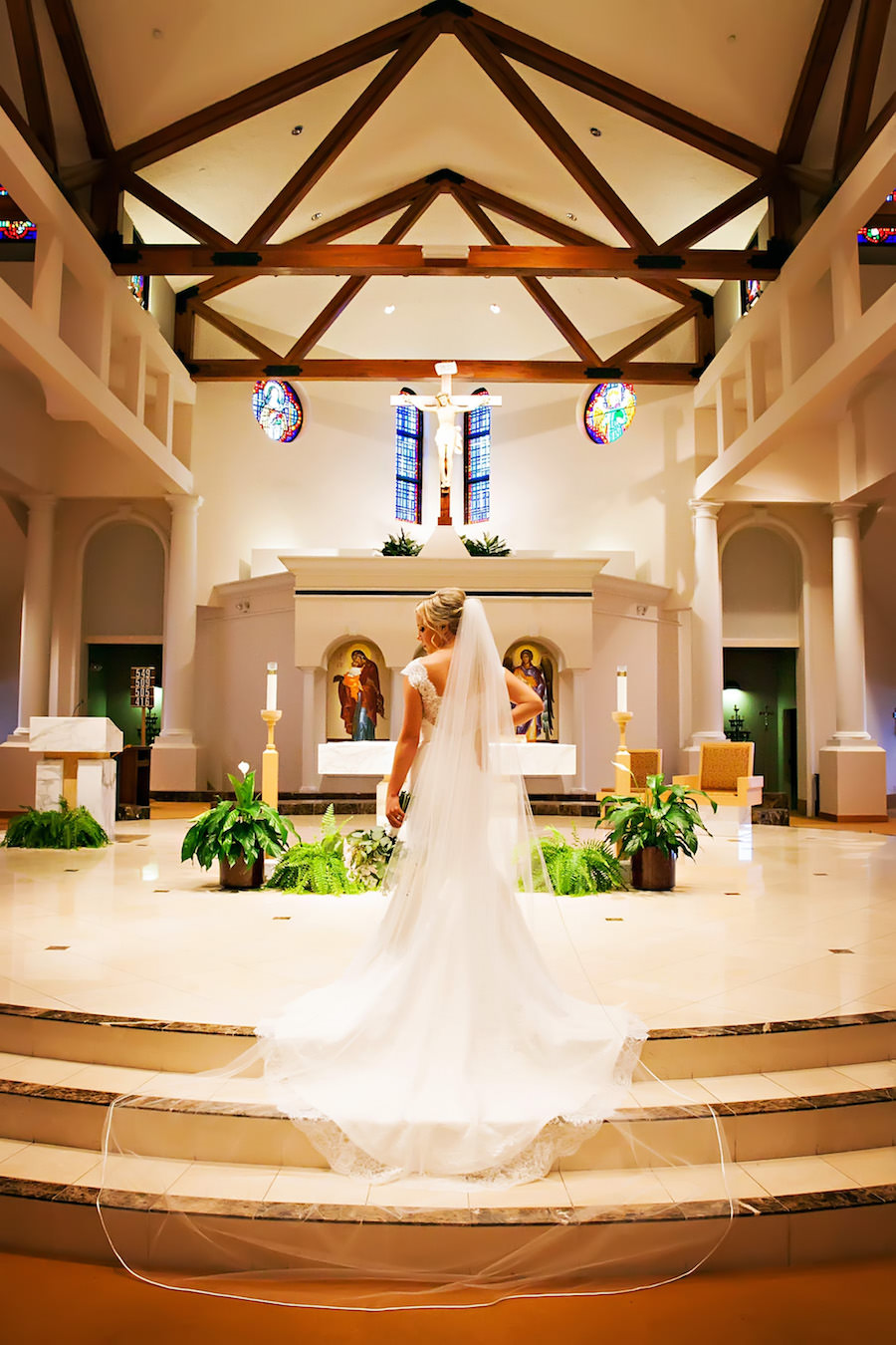 Bridal Wedding Portrait with Cathedral Train and Veil in St. Petersburg Wedding Ceremony Venue St. Raphael’s Catholic Church | St. Pete Wedding Planner Special Moments
