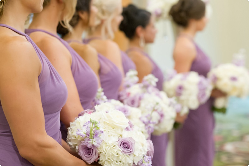 Purple Bridesmaids Dresses and Purple and White Floral Wedding Bouquets