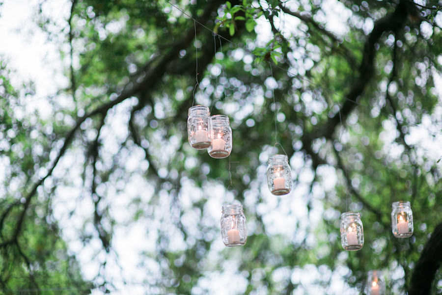 Outdoor, Wedding Reception Lighting Decor Candles in Mason Jars Hanging from Tree