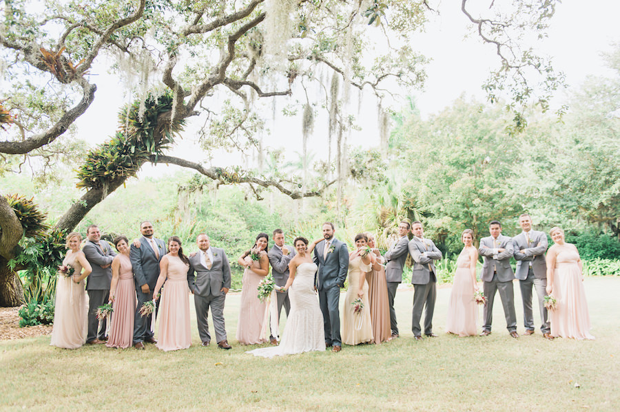 Outdoor Sarasota Bridal Party Wedding Portrait Under Spanish Moss | Blush Pink Bridesmaids Dresses and Cream, Strapless Sweetheart Watters Wedding Dress with Beading | Blush and Green Wedding Bouquets by Andrea Layne Floral Design