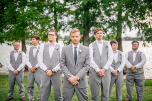 Outdoor, Groom and Groomsmen Wedding Portrait in Grey Suits