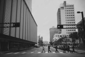 Groom with Groomsmen Wedding Portrait Inspired by the Beatles Abbey Road | Downtown Tampa Wedding Photographer Roohi Photography