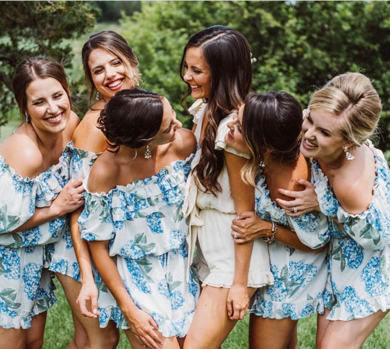 Bridesmaid Getting Ready Outfit Trends | Floral Off The Shoulder Romper